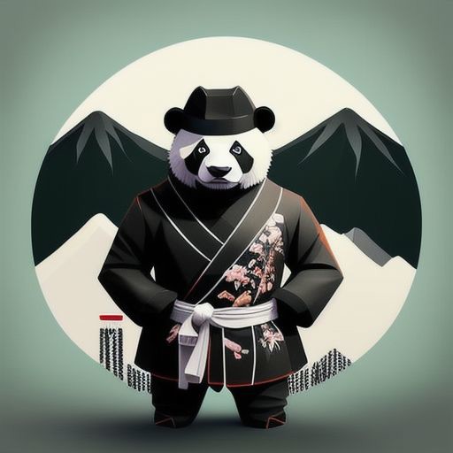 a (learned_embeds-step-2000:1.0), logo panda, Japanese style, standing, wearing hat, Japanese cloth